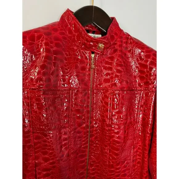 VTG St. John By Marie Gray Red Leather Women's Jacket Crocodile Embossed Sz 14
